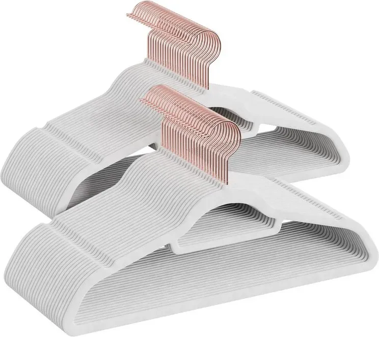 Ochama Kleiderbügel Samt, 50er Set, Bügel, rutschfest, kleine Stange für Krawatten, 360° drehbarer Haken, platzsparend, 43,5 cm, roségolden-weiß