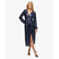 Superdry für Damen. W8011701A Pailletten Cross Over langes Kleid blau (XS), Party, Polyester, Langarm