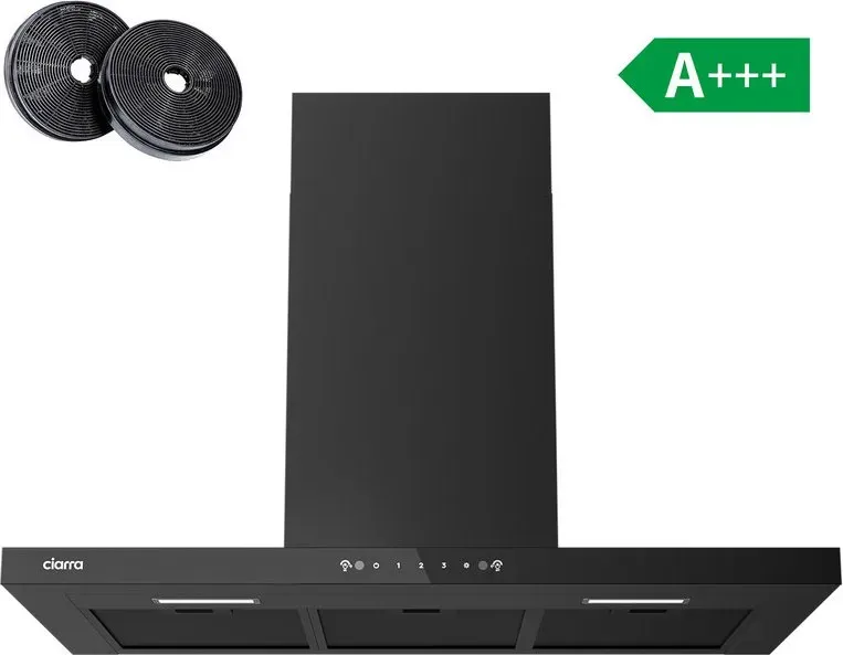 Ciarra 90 cm Wandhaube, Ultra-Slim 40 mm Panel Design aus schwarzem Glas, Wellen- & Touch-Steuerung, 650 m3/h, A+++ Energieeffizienz, Abluft- & Umluftbetrieb CRGCB9102-SLIM