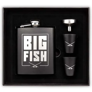 Flachmann Edelstahl für Angler Set, mit Bechern, Angler Geschenk, Geschenk für Angler, Angeln Geschenk, Monkey Lures Big L Flachmann schwarz, Herrentag Geschenke, fishing gifts