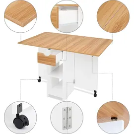 Mondeer Esstisch Klappbarer Küchentisch mit 1 Schublade und zwei Lagerregalkonsolen Esszimmertisch Kaffeetisch mit verstellbaren Füße - Weiß/Braun