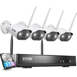 ZOSI 2K Außen WLAN Überwachungskamera Set, 4X 3MP WiFi IP Kamera mit 8CH 5MP 1TB HDD NVR, 24/7 Videoaufzeichnung, Bewegungserkennung, 24M IR Nach...
