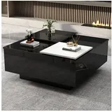 BlingBin Couchtisch Hochglänzender Schwarzer Quadratischer Couchtisch mit Schubladen (1er Set, 1-St., Maße: 75*75*33,5cm, max. Belastbarkeit 30kg), Kleine Verschiebbare Tischplatte in Kontrastierendem Weiß schwarz