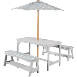 roba Kindersitzgruppe Outdoor+ aus Massivholz - inkl. 1 Tisch 2 Bänke mit Sitzauflage, und Schirm Little Stars