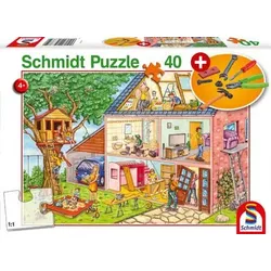 SCHMIDT SPIELE 56375 Die fleißigen Handwerker, 40 Teile, mit Add-on (Werkzeug-Set)