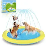 Famanu Hundepool 100 cm Gelb & Blau für Hunde und Katzen - Sprinkler Splash Pad mit Sprinkler