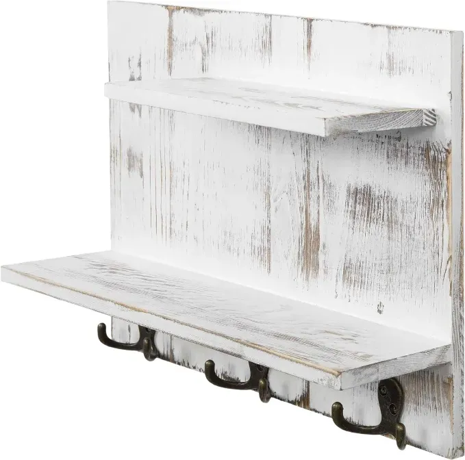 MyGift 2-stufiges Wandregal Shabby Weiß gewaschen Massivholz Badezimmerregal, dekoratives Flur-Schweberegal mit 6 Haken zum Aufhängen von Handtüchern