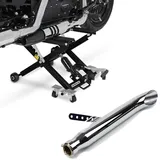 Set: Motorrad Hebebühne Midlift XL bis 500kg in sw ConStands mit Endschalldämpfer Universal Caferacer Turn Out chrom