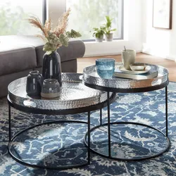 Kadima Design Couchtisch 2er Set, Silber/Schwarz, Hammerschlag-Strukturen, Griffmulde, Handgefertigt. Silber, 56x56x33 cm