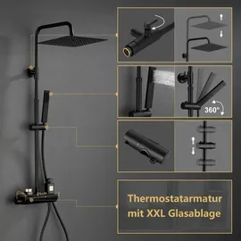 Görbach Regen Duschset mit Duscharmatur Komplettset, Edelstahl Duschsystem mit Thermostat, Überkopfbrause, Handbrause, Duschstange Matt Schwarz (2020MB)