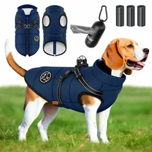 Lovpet Hundejacke Hundemantel mit Geschirr, inkl. 45 Stück Kotbeutel + Spender, Hunde Winterweste gefüttert wasserdicht, Gepolsterte Weste Mit Brustgurt, Reflektoren, D-Ring