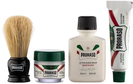 Proraso Herrenpflege Sensitive Travel Kit Pre Shave Cream  Refresh 15 ml + Shave Cream Refresh 10 ml + After Shave Balm Sensitive 25 ml + Shaving Brush