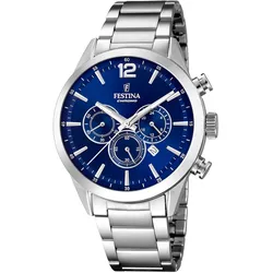 Chronograph FESTINA "Timeless Chronograph", silber (silberfarben, blau), Armbanduhren, Herren, Armbanduhr, Quarzuhr, Herrenuhr, Stoppfunktion, Lederarmband
