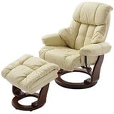 InnoSeat Relaxsessel Calgary mit Hocker, bis 130 kg belastbar, drehbarer Fernsehsessel mit Liegefunktion, Echtleder creme, Gestell Holz walnuss