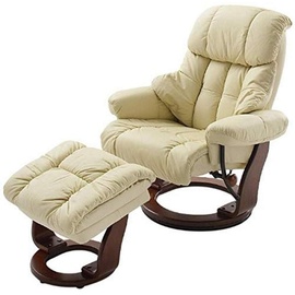 InnoSeat Relaxsessel Calgary mit Hocker, bis 130 kg belastbar, drehbarer Fernsehsessel mit Liegefunktion, Echtleder creme, Gestell Holz walnuss