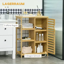 kleankin Badezimmerschrank Badschrank mit Schrankfach, 3 Offenen Ebenen, Toilettenschrank mit Kippschutz, Beistellschrank für Bad, Bambus, Natur, 66 x 33 x 87 cm