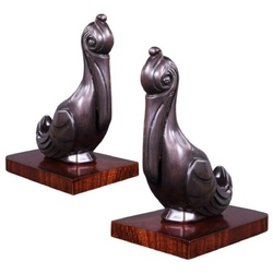 Casa Padrino Luxus Buchstützen Set Pelikane Bronze / Braun 18 x 12 x H. 22 cm - Deko Bronzefiguren mit Holzsockel