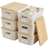 Sagittar 6er-Set Aufbewahrungsbox mit Bambus Deckel, Imitierter Rattan Kunststoff Aufbewahrungskorb, Stapelbare Aufbewahrungsboxen, Organizer Ideal für Büro, Kleiderschrank (Weiß)