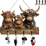 OYCXXCX Schlüsselhalter mit Hochlandrind-Motiv, 2D-Wandmontage, flacher Haken aus Holz, mit 4 Metallhaken, für die Wandmontage, Handtuchhaken, Schlüsselhaken und Garderobenhaken (1PCS)