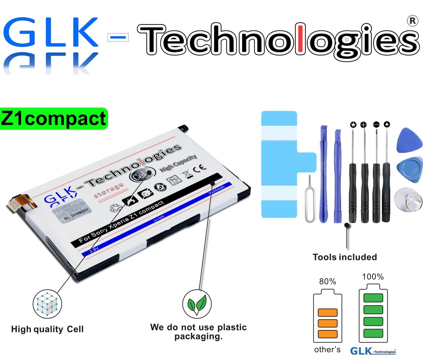 GLK-Technologies High Power Ersatzakku kompatibel mit Sony Xperia Z1 Compact / D5503 / (ersetzt LIS1529ERPC), Original GLK-Technologies Battery, accu, 2500 mAh, inkl. Werkzeug Set Kit NEU Smartphone-Akku 2500 mAh (3.8 V)