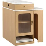 MODFU Ausziehbarer Esstisch MDF und Glas Natur, 80 x 71/111/151 x 92 cm, mit Stauraum, Steckdosen und Rollen