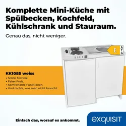 Exquisit Mini-Küche Pantry KK1085 weiss | Kühlschrank mit 76 l Nutzinhalt | Masse-Kochfeld | Edelstahl-Spüle | Spülschrank