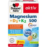 Doppelherz Magnesium 500 + D3 + K2 - Hochdosiertes Magnesium als Beitrag zur normalen Funktion der Muskeln und Nervensystems - 60 vegetarische Depot-Tabletten