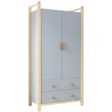 Merax Kleiderschrank 2-türig mit Schubladen & Kleiderstange, MDF + Massivholz, 90x45x180 cm, Blau