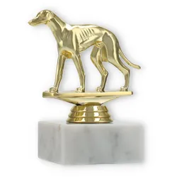 Pokal Kunststofffigur Windhund gold auf weißem Marmorsockel 11,6cm