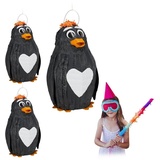 relaxdays Papierdekoration 3 x Pinata Pinguin orange|schwarz