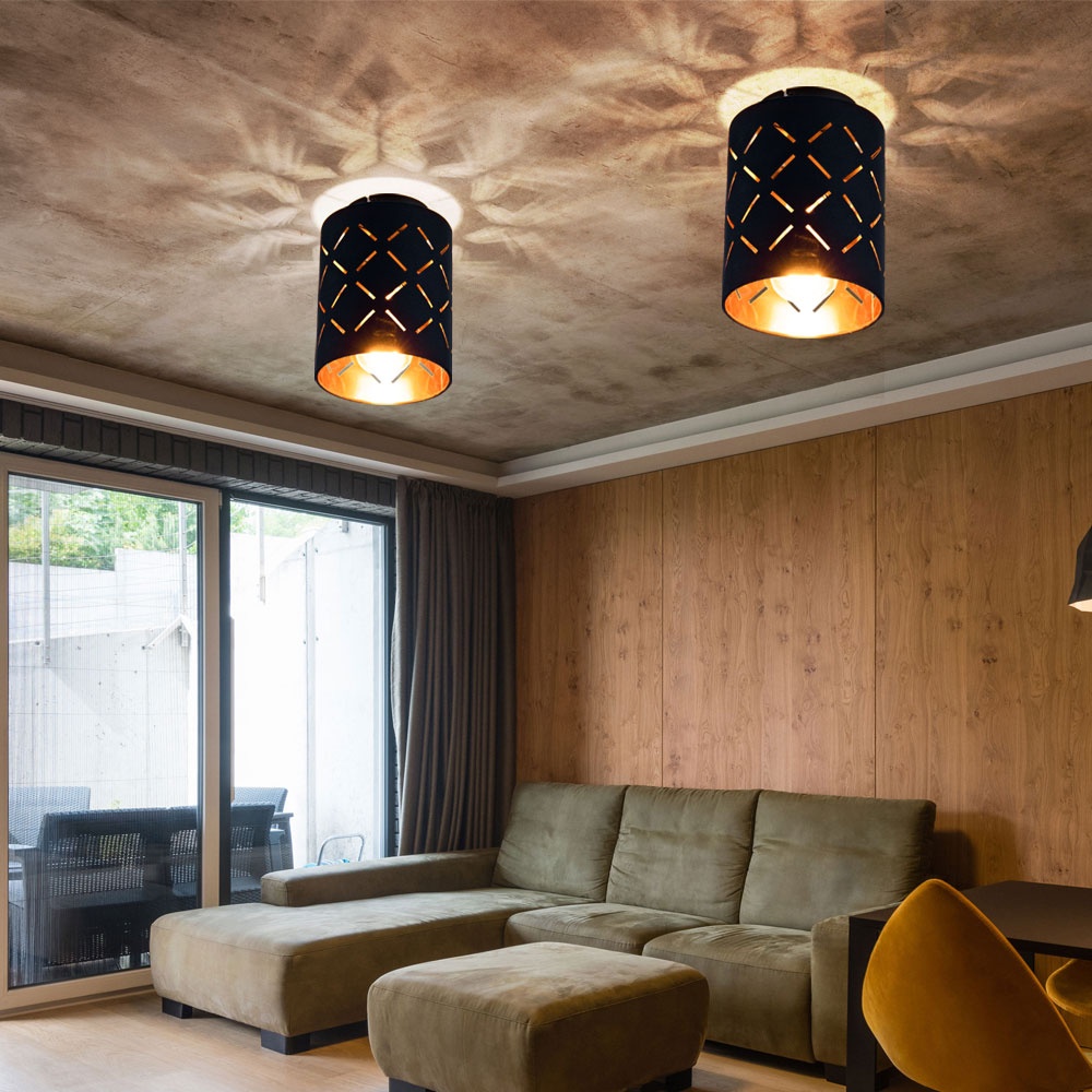 Deckenleuchte Wohnzimmerlampe schwarz gold Deckenlampe Stoff mit Dekorlinien, Metall Textil, 1x E27 Fassung, DxH 15x 21 cm, 2er Set