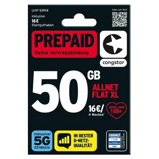 Congstar Prepaid ALLNET XL 55 statt 50 GB Datenvolumen & Flatrate für Telefonie und SMS 5G-Speed, EU-Roaming