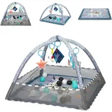 KIKKABOO Krabbeldecke 2 in 1, Greiflinge, 18 Spielbälle, Bällebad hellblau