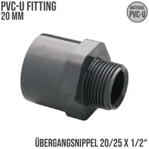 Plimat 20 mm PVC Klebe Fitting Übergangsnippel Pvc-u 20/25 mm x 1/2 Zoll Klebemuffe/klebestutzen X Außengewinde 10 Bar, Grau