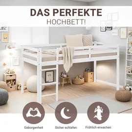 Homestyle4u Hochbett 90 x 200 cm Kiefer massiv lackiert weiß grau