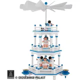 Figurenland Uhlig GmbH Weihnachtspyramide 3-stöckige Pyramide weiß-blau Instrumenten-Engel mit blauen Flügeln (