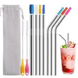 WK IEASON Stainless Universal Straws Set(7pc), 8.5” Eco-Friendly Reusable Drinking Straws Food Grade Stainless Steel Straws with Silicone Tips for Smoothie and Hot&Cold Drinks