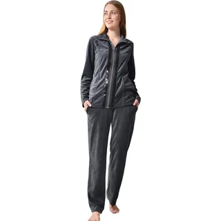 DeSen Damen Deluxe Velours Nicki Freizeitanzug Hausanzug Nicki-Anzug mit Reißverschluss und Pailletten-Leisten(Grau Melange,36/38) - 36-38