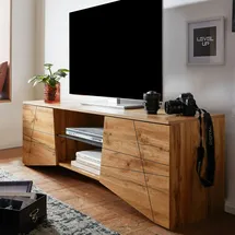 KADIMA DESIGN TV-Lowboard Holz Eiche-Dekor, Platz für 70-Zoll TV, Eichenoptik und Glas