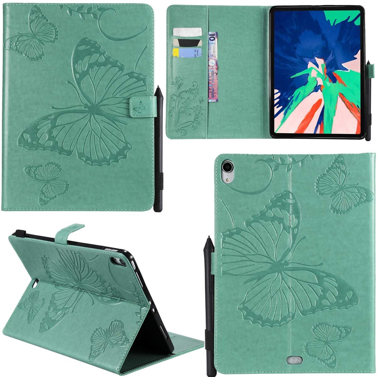 DodoBuy iPad Pro 11" Hülle 3D Schmetterling Muster PU Leder Schutzhülle Tasche Smart Cover Case Flip Wallet Brieftasche Ständer mit Kartenfächer Kartenfach Magnetverschluss für iPad Pro 11" - Grün