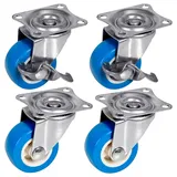 PRIOstahl Lenkrollen Möbelrollen Bremsrollen Schwerlastrollen Transportrollen - 4er SET: 2 Lenkrollen + 2 Lenkrollen mit Bremse 38mm Blaue Rollen für Möbel Spurlos & Leise Premium Rollensatz