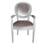 Casa Padrino Barock Esszimmer Stuhl mit Armlehne Beige / White / Silver - Designer Stuhl - Luxus Qualität
