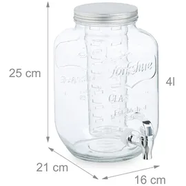 Relaxdays Getränkespender mit Einsatz, Zapfhahn & Deckel, 4 Liter, Glas, Wasserspender, Limonadenspender, transparent