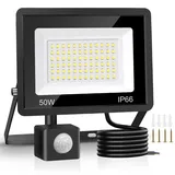 Jsdoin 50W LED Strahler mit Bewegungsmelder 4500LM Außenstrahler 6500K Kaltweiß Superhell Scheinwerfer Flutlicht IP65 Wasserdicht Wandleuchte Außen Tageslicht Wandleuchte mit 2M Kabel