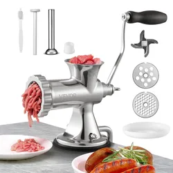VEVOR Manuelle Fleischwolf Hand Fleischwolf 304 Edelstahl, 5 & 8 mm Schneidplatten Fleischwolf Manuelle Fleischmaschine mit Wurstrohr, Geeignet für Fleisch Gemüse Schleifen und Wurstfüllung Silber