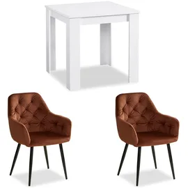 Homestyle4u Esstisch Massiv mit 2 Stühlen Braun Samt Holz Weiß Tisch Wohnzimmer Homestyle4u