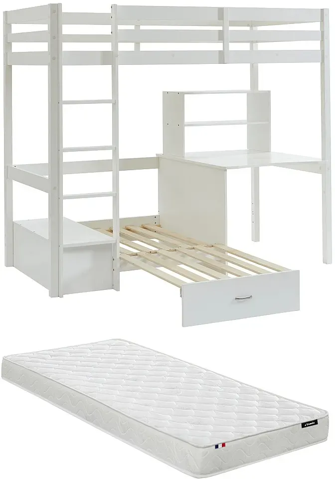 Hochbett mit Schreibtisch, Schlafsofa & Stauraum + Matratze - 90 x 200 cm - massives Kiefernholz - Weiß - GOLIATH III