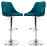 WAHSON OFFICE CHAIRS 2er Set Barhocker aus Samt Bistrohocker mit Rücklehne Barstuhl höhenverstellbar für Kücheninsel, Blau