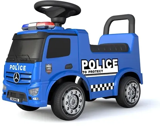 Antos Polizei-Rutschauto mit Sirenen und Blaulicht.