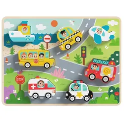 Tooky Toy Kinder Holz-Puzzle Fahrzeuge 3D TH634 Steckpuzzle, 8-teilig, ab 1 Jahr bunt